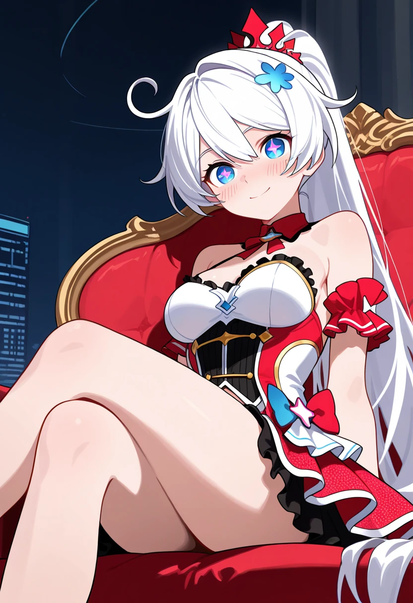 1 girl (wearing hydro archon hat), beautiful eyes finely detailed, (two tone hair color (red and white), long hair, tipsy smile, drunken, blush on her face, wearing armor, finely detailed black and white armor, cinematic lighting, intricate filigree metal design, laying her back on sofa, middle ages style bedroom, full body, anime best girl, masterpiece sidelighting, night time, masterpiece, top-quality, detailed, High resolution illustration