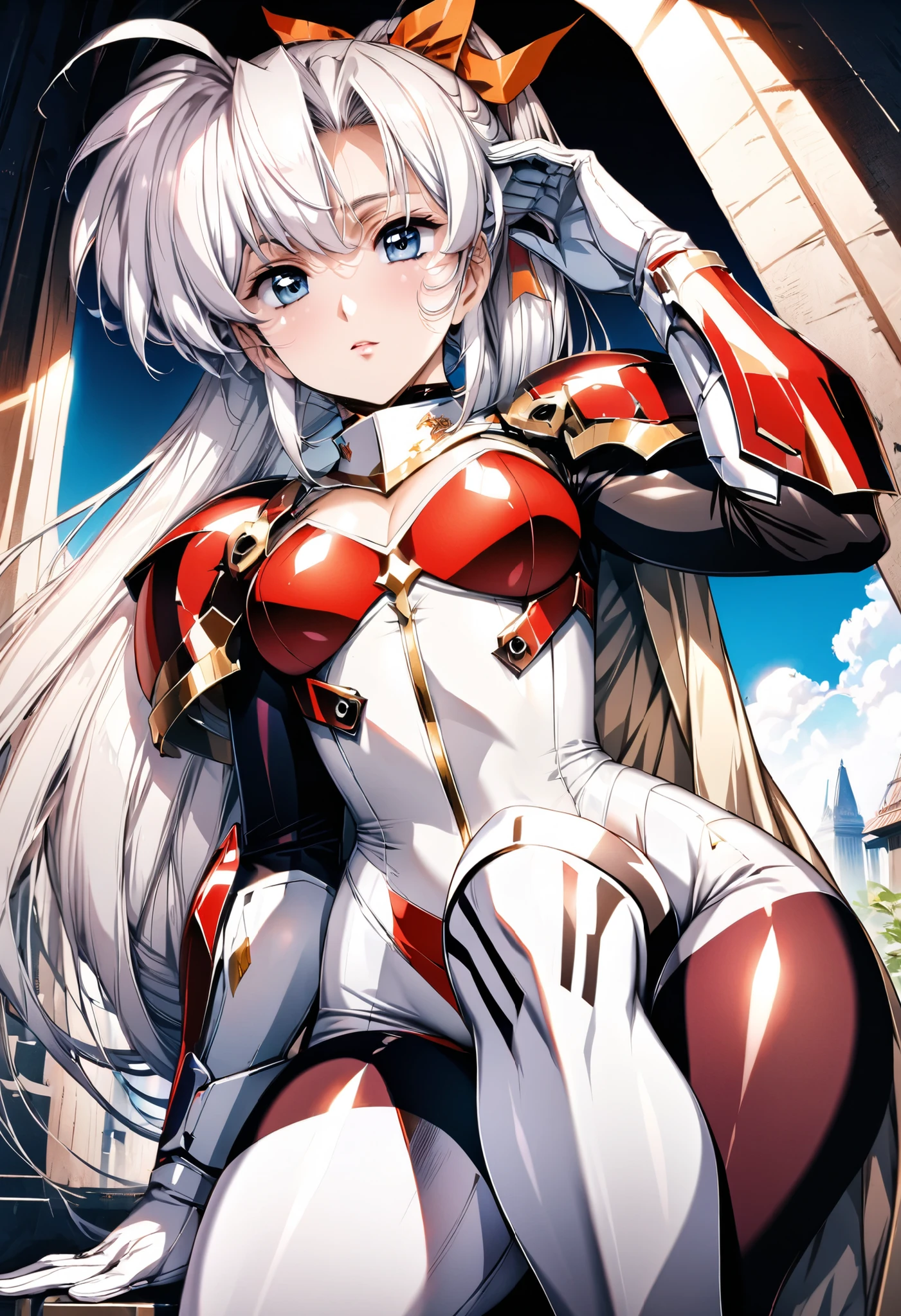 ((Highest quality)), ((Masterpiece)), ((Ultra Realistic)), (detailed background), anime style, solo, taken from below, 1 girl, ((Curvy: 1.2)), kawaii, Paladin, ((bright silk racing tights)), ((bodysuit)), (Paladin armor), (Chest armor suit), Palace Cloak , Gloves, Gloves, White hair, ahoge, (big ), transparent cleavage opening, (Absolute Realm Black Over-the-Knee Socks), (Absolute Realm Black Over-the-Knee Socks), (Black Clear Pantyhose Thighs), beautiful eyes, have a perfect face, Perfect hands , Perfect fingers, Blue Sky and Prairie ,- Appearance:with red open toe boots,Clear Pantyhose Groin Area,Charming eyebrows, has bright eyes,Face Mask。 apparel:red and white combat costume with red open toe,red strapless top,white strap design,bottom with red shorts,white decoration on the waistband,red wrist brace,red straps on the cuffs。Accessories:red wrist brace,sit on the floor with one leg bent knee,Other leg bent,Hands on head,sexy and relaxed,Hold the fan with the other hand and place it on the ground。