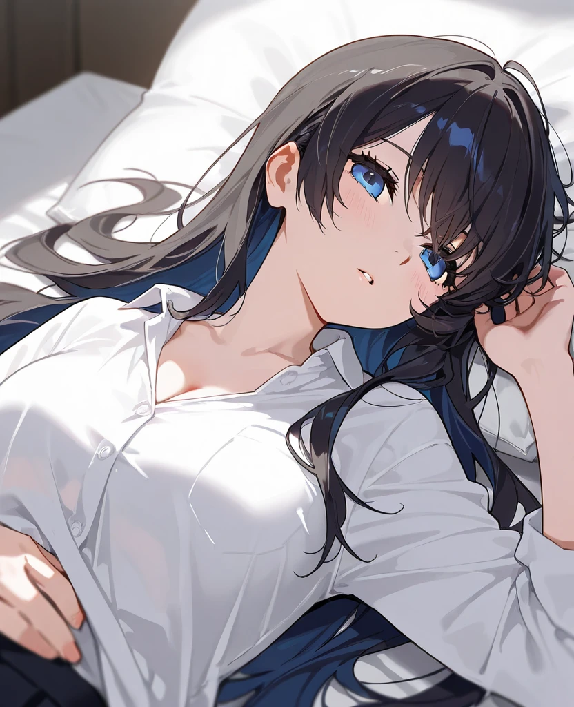 15-year-old girl, ((Schoolgirl in uniform、Button unbuttoned))、(Black Hair,Inner color hairstyle), Beautiful Hair, Facial Contour, Remember, ,Hotel, splash, Lens flare,, Natural Color, High resolution, Very delicate, Very detailed, 8k,Lying in bed、（My breasts are just a little swollen,About B cup）、Shyness,((Sexual)),((Sexy feeling))