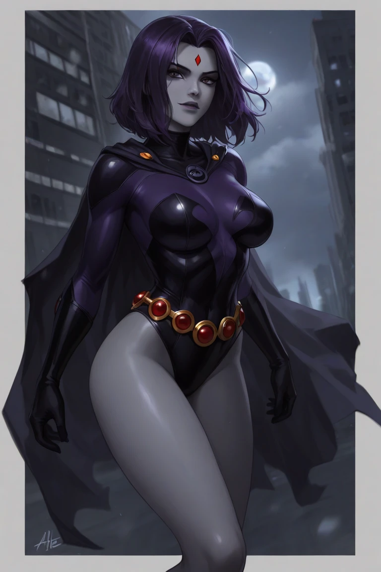 1girl,solo,short hair,purple hair, purple eyes, RavenTT, navy-blue cloak, black leotard, brooch, belt,makeup,black lipstick,grey skin,hand on hips, looking at viewer, standing, indoors