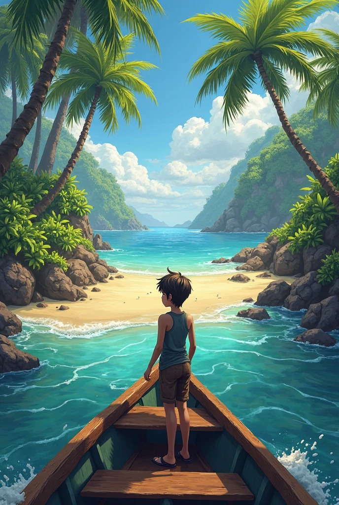 Children's book Illustration:1.3, Illustration of a scene where a tropical boy goes on an adventure on a raft
A boy is on a raft in the tropical sea. The raft is made of wood and covered with large leaves. The boy is smiling and waving on the raft.
A boy sails on a raft in the sea. The sea is blue and the sun is shining brightly. The boy is full of excitement for adventure while looking at the sea.
A boy rides a raft across the sea. Many fish are swimming in the sea. A boy learns about sea creatures by looking at fish.
A boy rides a raft across the sea. Many islands can be seen in the sea. As the boy looks out over the islands, he imagines adventures in new places.
These illustrations are based on the image of a tropical boy going on an adventure on a raft. The boy is depicted smiling and waving, learning while looking at the ocean, and thinking about adventures to new places. These illustrations convey the excitement of a tropical boy's adventures, the beauty of the sea, and the diversity of sea creatures.