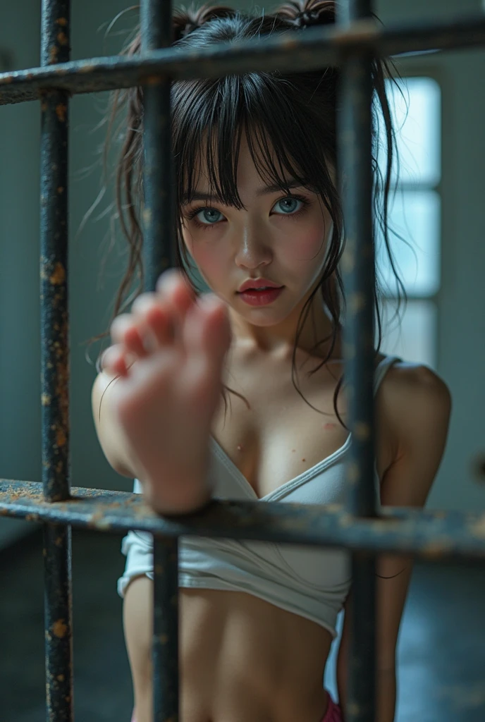 男性警備員とRealisticistic beautiful female 、15 years old、Glare、Stunningly beautiful、mai shiranui、(Beautiful underwear)、(Highest quality、8k、32K、masterpiece、Hmph:1.3)、Ultra-high resolution,(Realistic:1.4),RAW Photos, Detailed face,,Beautiful Hair, ((Doctor Style)),、Nipples、 Natural Makeup,,Medium Perfect Breast, Wet Hair、Sweating after bathing、Detailed Background, Written boundary depth, Beautiful shadow gradation、、Thin limbs、Thin thighs、((whole body))、Sweaty body、((indoor、Underground Prison、Dungeons、prison、solitary confinement))、prohibit、(((Handcuffs on both hands)))、Lockの首輪、The male security guard next to me has a leash on his collar.(Lock)have