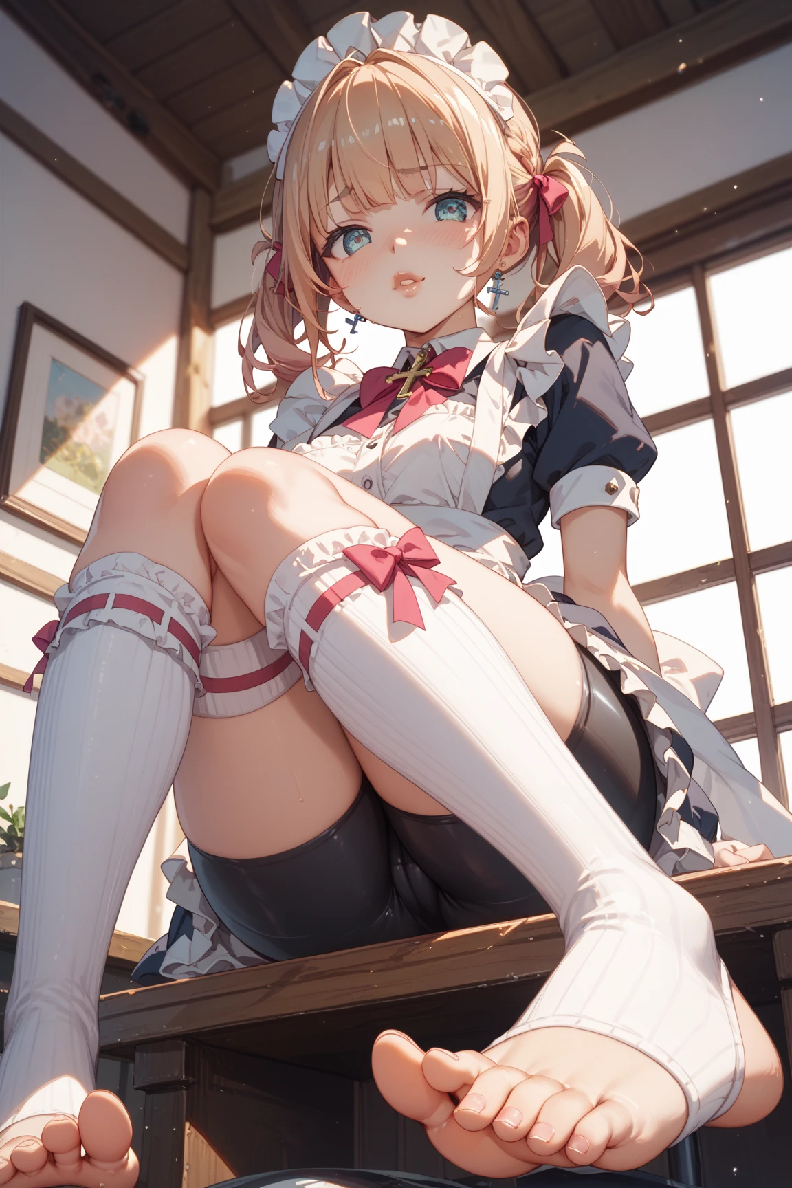 highest quality, masterpiece, High resolution, 8k, 超A high resolution, clarity, Clear drawings, Photoreal:1.4, beautiful face, symmetrical eyes, beautiful girl, Cute like an idol, young, primary school student, small , pink eyes, silver hair, blushing with embarrassment, twin tails, 頭に大きな赤いribbon, Red Lolita n, red maid outfit, white lace tights, frills, ribbon, White lace panties with rent female genitals, red shoes,ker, whole body, Arms restrained behind the back, fold your arms behind your back, My hands are hidden behind my back and I can't see them., Arms restrained behind the back, hands are hidden, spread your legs, show panties, exposed, Angle from school classroom, on the desk