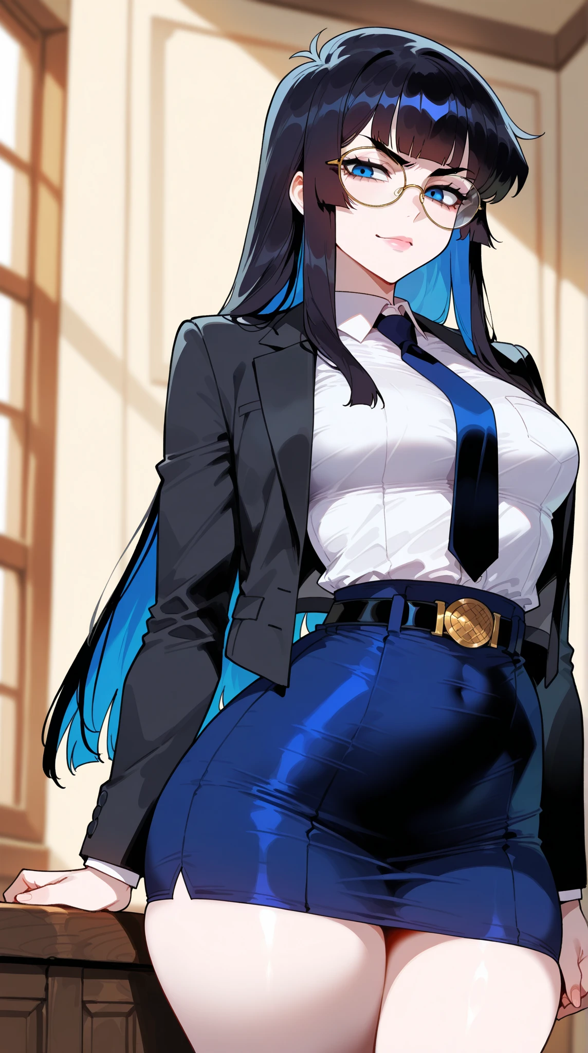 My name is Akari., I am a white test woman with long   dark blue hair , turquoise eye color . I am 1.62 cm tall and weigh 47 kg. My breasts measure 90 cm, my waist 40 cm and my hips 240 cm. Dressed in a lawyer's outfit . With big breasts 90 cm