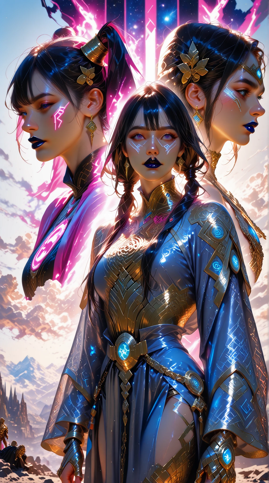 a girl with rainbow colored hair and detailed teal dress armor, standing, rainbow colored cosmic nebula background, stars, galaxies, intricate details, perfect face, (two heads)