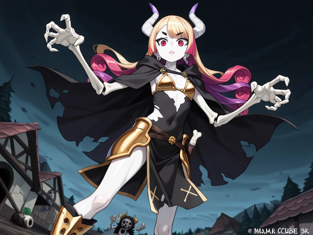 highest quality, High resolution,(Background consisting of a large gate and clouds),pretty girl、Splattering blood、amusement park、Small eyes、(flat chest), white and golden hair, Angel、Chains wrapped around the body、white veil、clown、clown、(((cyberpunk fashion)))、clownAngel、chained collar