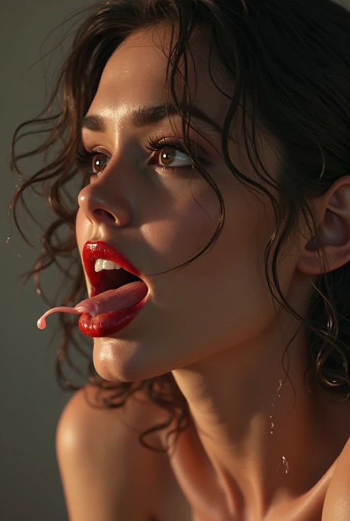 a realistic, beautiful  woman, headshot only, tanned skin, full lips, messy hair, sensual expression, outdoor, swimming pool, natural lighting, cinematic composition, photo-realistic, hyperrealistic, 4k, high resolution, masterpiece, spermace,  tongue out expression , penis bearh