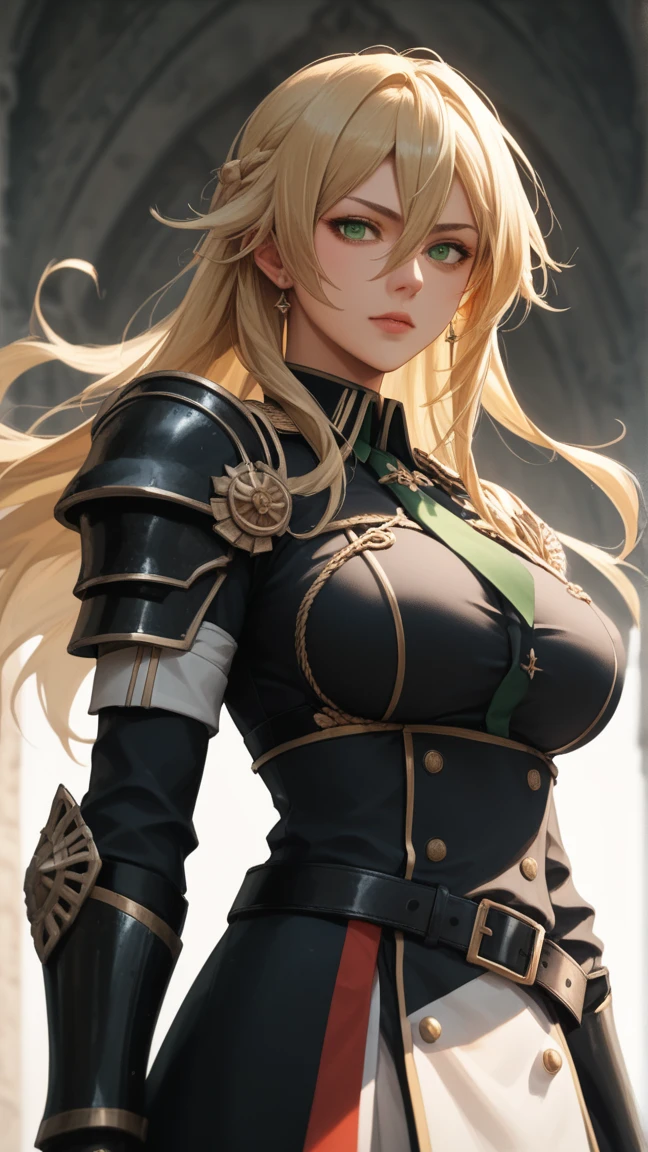 overdetalized, high resolution, 1990s\(style\), retro art, cowboy shot, 1 girl, from above,looking at the viewer, solo, confused, clothes,black and gold color, kneepads,black and gold, thighs,covered with black and gold armor in a pattern, blonde hair, golden eyes, bare breasts, long hair <lora:add_detail:1.0>, background, castle, <lora:FiveV1.5:0.9>