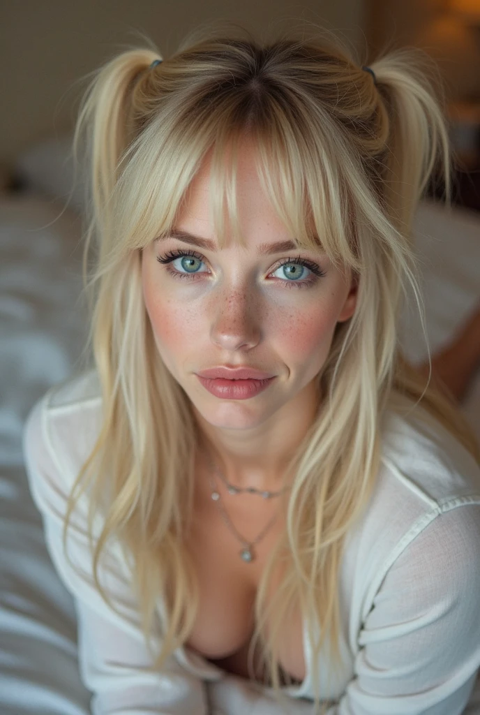 Wearing pajamas, hair in ponytails, webcam photography, grace kelly lookalike, grace kelly face, with blue eyes, , attractive girl, instagram model, blonde hair and a perfect body, 18 years old, 21 years old, wearing sexy lingerie, sexy,  appeal,beautiful model, ekaterina, attractive girl, i can't believe how beautiful this is, exaggerated facial features, body extensions, 32k uhd, exaggerated facial features, voluminous mass(Gorgeous blonde hair, White skin, Slim abdomen, Perfect slim figure), (chelsea charms 164xxx breast size), (huge long boobs:1.3)