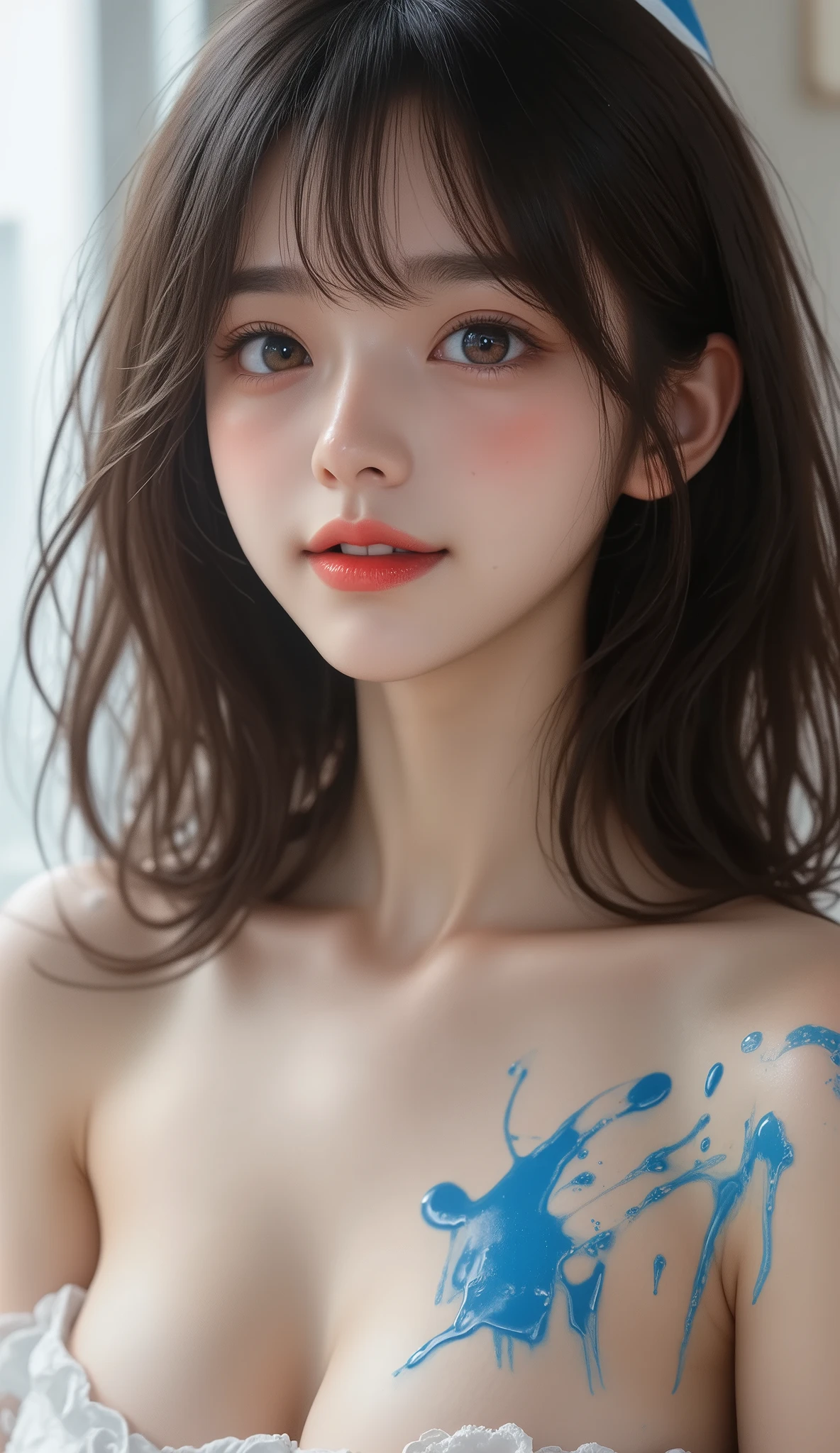 (Masterpiece, Top Quality), 1 MILF, Solo, Breasts, looking at Viewer, Short Hair, Big Breasts, cleavage, Red Hair, Blue Eyes, Multicolored Hair, Two-tone Hair, Lips, Makeup, Lipstick, blush , (naked:2.0), real: 1.5, (from above:2.0,face close-up: 1.5),