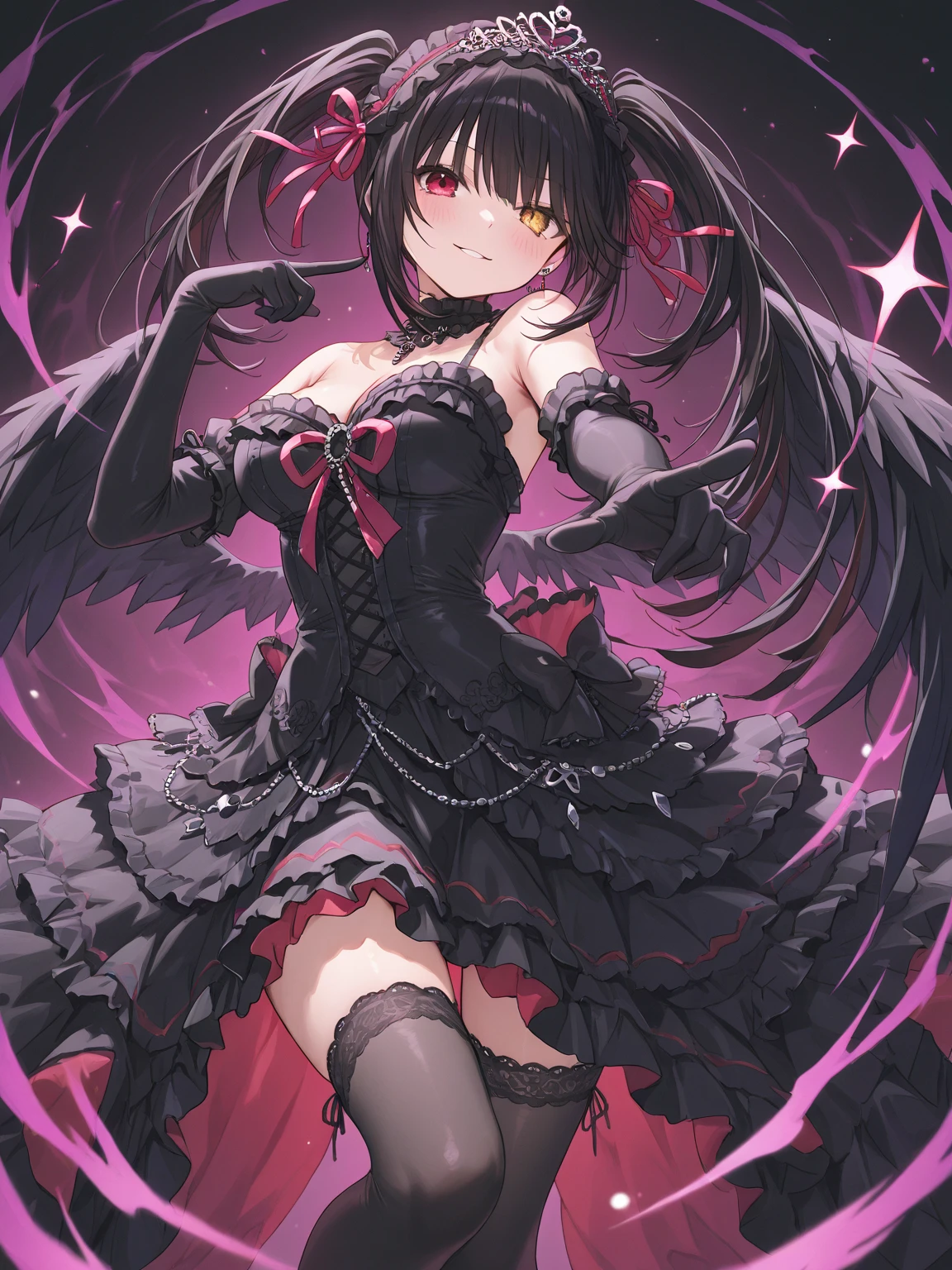 ((Masterpiece))，(Best Quality)，(Highest resolution)，(8K)，(Clean lines)，(Perfect Face，Perfect meat)，(Official Art)，（Magical girl）,villain, child, 8-year-old, Black Gothic Lolita outfit, Long Hair, ribbon, large black feathers, magic circle, Night Sky, Angry face