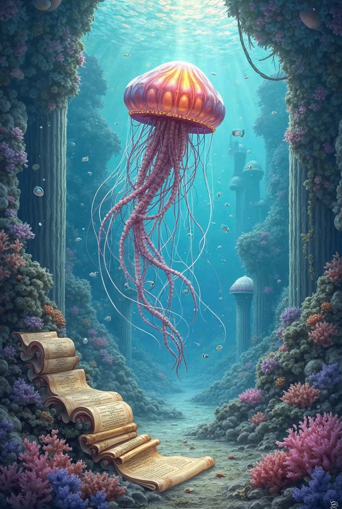 Illustration of a jellyfish in the sea with a throne in the middle