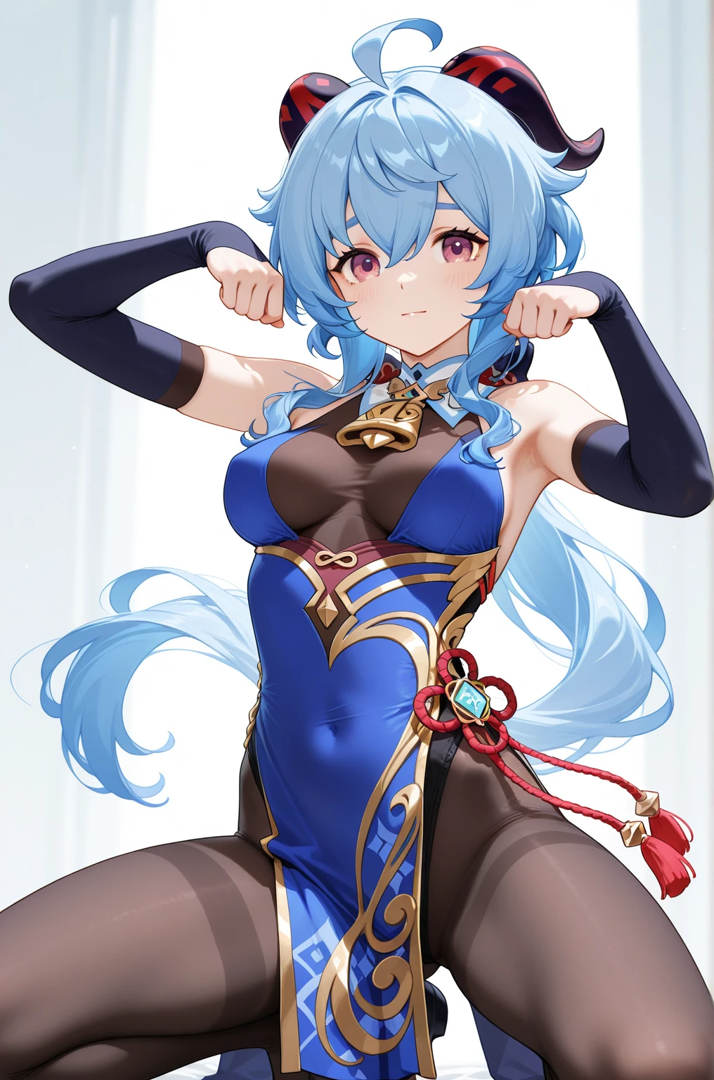 (Masterpiece), (Top Quality Anime Illustration), (Super Definition), One Girl, Solo, Silver-haired Beautiful Girl, Anime Loli, Cat Ear Loli, Light Blue See-Through Cheongsam Dress, Short Cheongsam, Sleeveless, Small Breasts, Cleavage Emphasis, Underboob, Tummy, Thighs