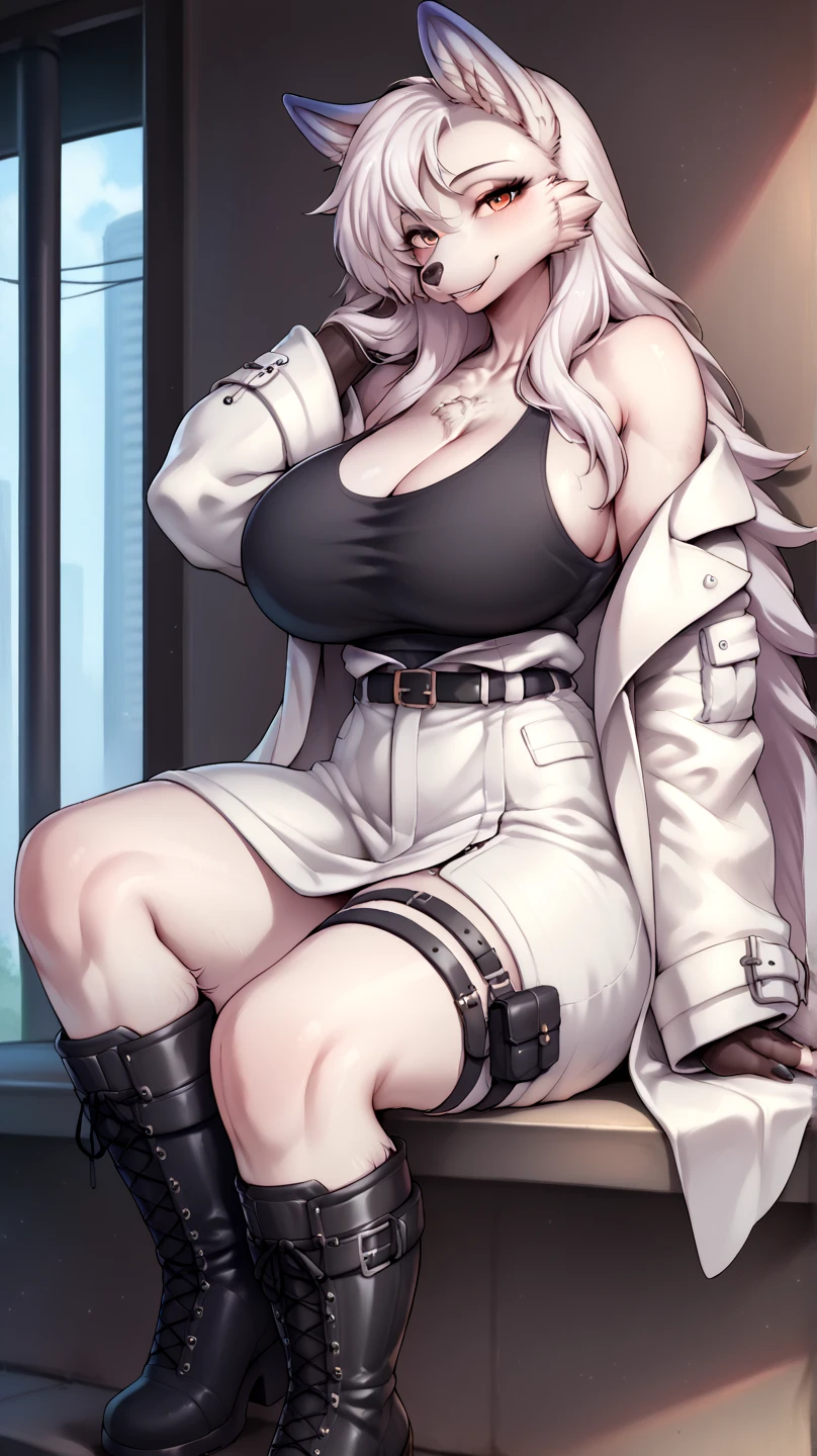 Arknights SilverAsh Super Extra large breasts breast enlargement White fur coat and black tuxedo Standing alone on the spaceship looking at the camera and smiling

