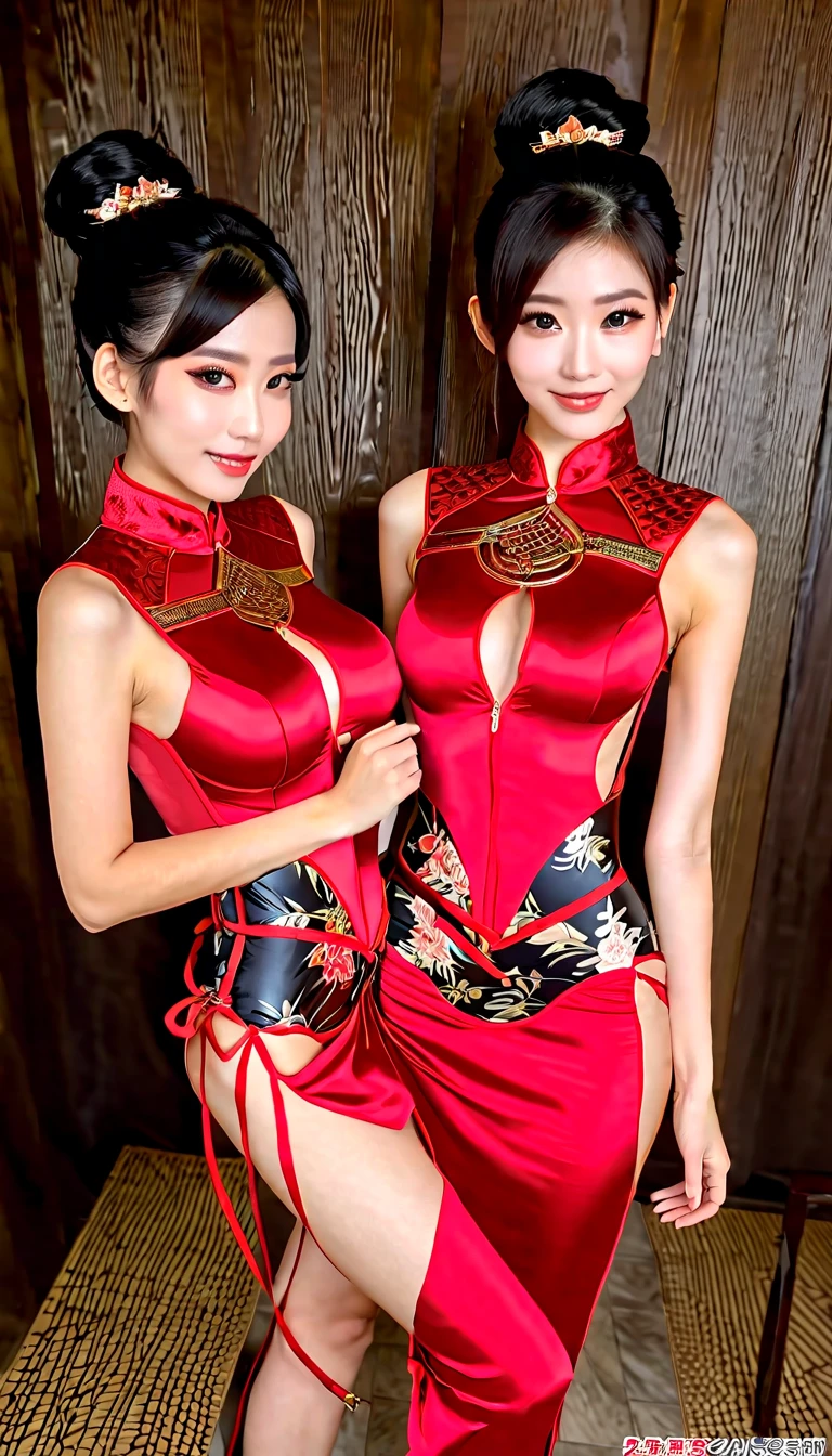 A beautiful woman standing in a living room, Wearing A flowing red super mini dress with delicate gold embroidery_long sleeve, Very cute face, bright face, and very pretty eyes, Long black hair, Huge breasts、 Curvy body, Long legs, wide hips, thick thighs, Front view, full body, photo poses, Slim and sexy body, Tall and expensive woman, correct Anatomically, smile and looking at viewer, luxury living room, lamp, flower, big glass window. Day light