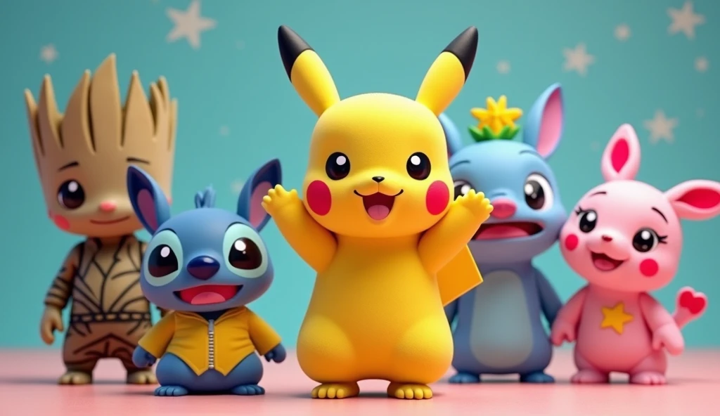 pikachu, stitch, Baby Shark, Hello Kitty are all in an idol unit singing K-Pop group sensation, all have small singer earbud and mic in their ears, all are dancing doing the same move, they are all together to film the music video to their hit song "Don't toy with me!" for Korean TV 