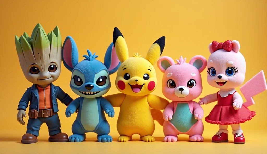 pikachu, stitch, Baby Shark, Hello Kitty are all in an idol unit singing K-Pop group sensation, all have small singer earbud and mic in their ears, all are dancing doing the same move, they are all together to film the music video to their hit song "Don't toy with me!" for Korean TV 
