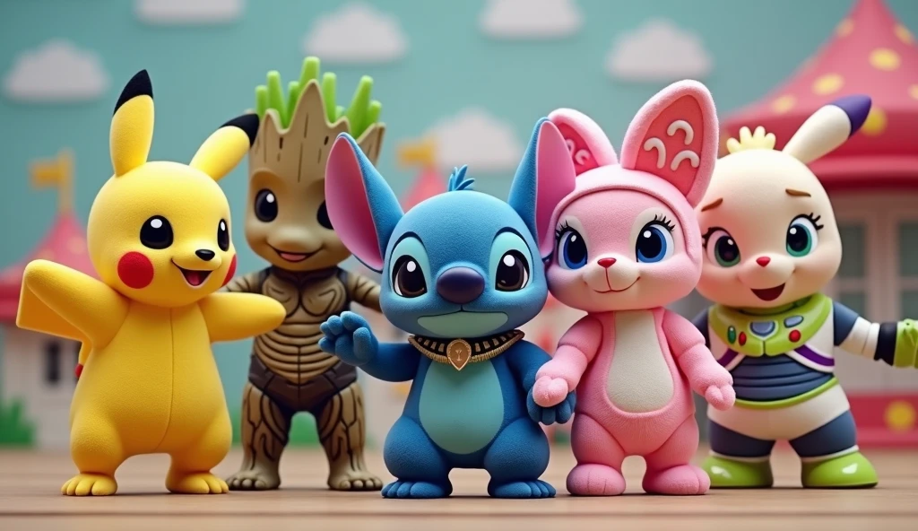 pikachu, stitch, Baby Shark, Hello Kitty are all in an idol unit singing K-Pop group sensation, all have small singer earbud and mic in their ears, all are dancing doing the same move, they are all together to film the music video to their hit song "Don't toy with me!" for Korean TV 