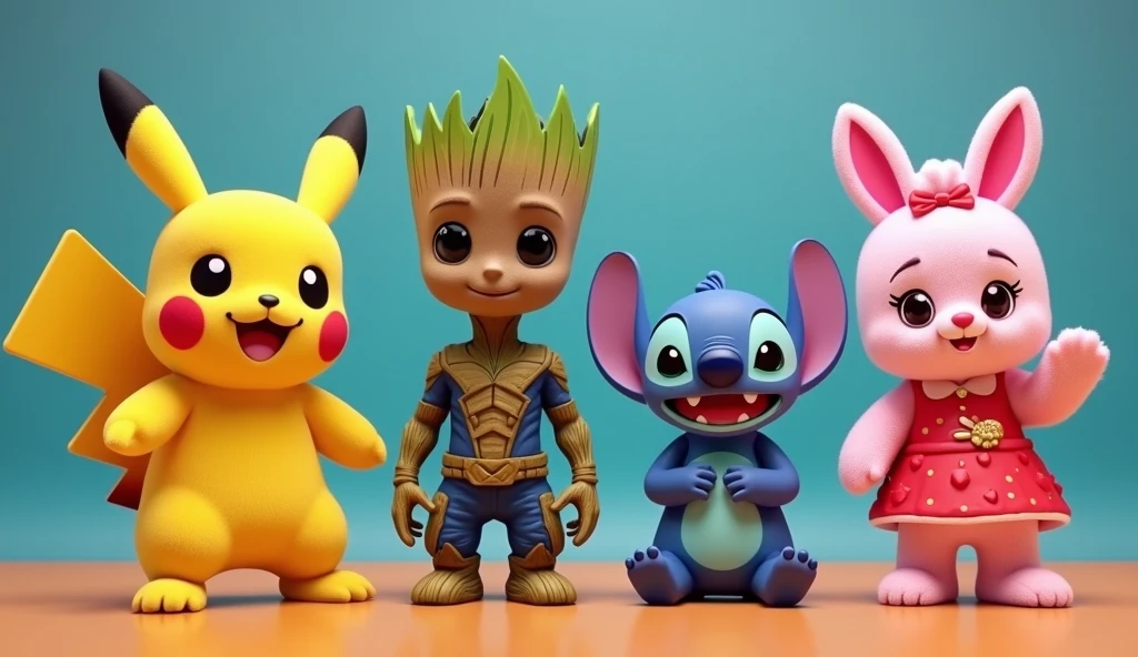 pikachu, stitch, Baby Shark, Hello Kitty are all in an idol unit singing K-Pop group sensation, all have small singer earbud and mic in their ears, all are dancing doing the same move, they are all together to film the music video to their hit song "Don't toy with me!" for Korean TV 