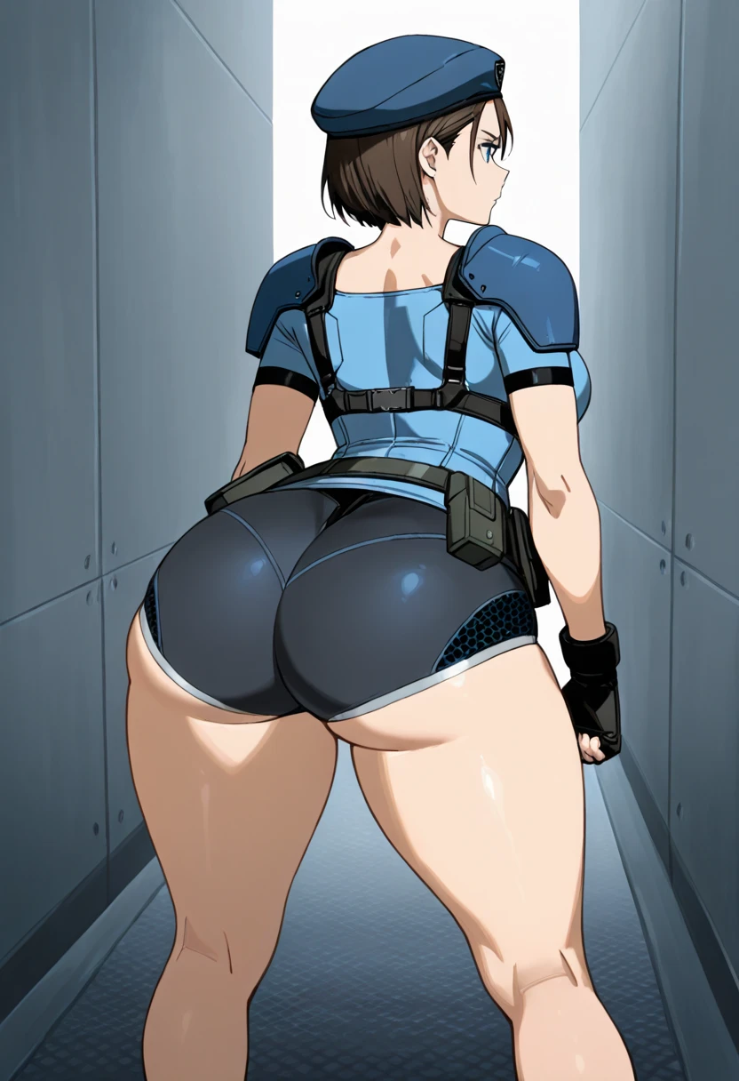 cowgirl's massive rear butt cheeks from behind out of bottomless spaghetti strap tank top out bare and wet boots spreading her legs, gloved hands hidden behind head, sunglasses