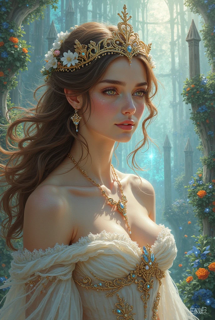 a girl in a fairy tale,1girl,beautiful detailed eyes,beautiful detailed lips,extremely detailed face and features,porcelain skin,long flowing hair,elegant dress,enchanted forest,sunlight filtering through trees,glowing magical orbs,fantasy landscape,mossy rocks,colorful mushrooms,vibrant colors,warm lighting,dreamlike atmosphere,intricate details,photorealistic,award winning digital art,highly detailed,8k,best quality
