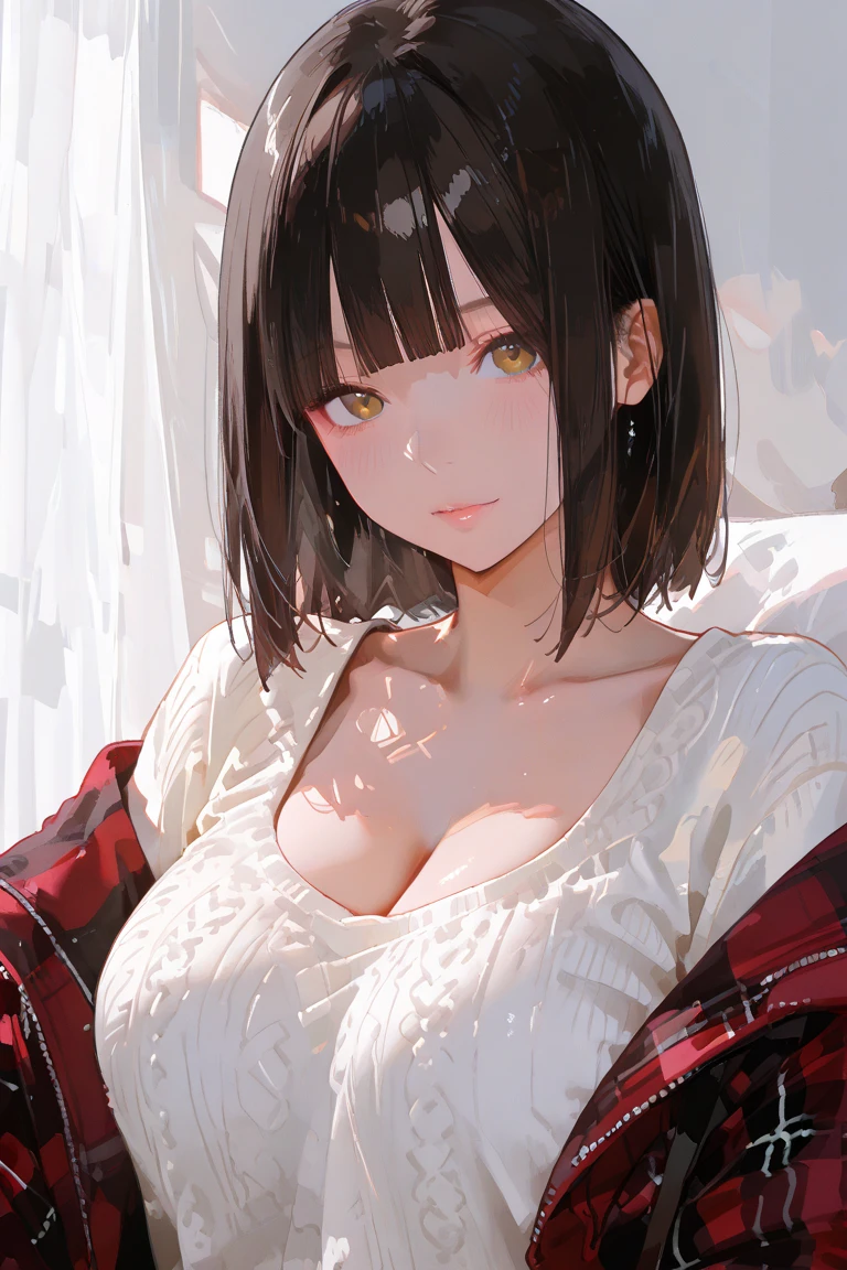 realisticlying、 a 18 year old girl(((Grasp your breasts with both hands)))、((give a big yawn))、Wearing a red sweater、Breasts enlarged、A slight smil、Sexy Posing、I'm sweating、Redness of cheeks、Short Wave Hair、Bedrooms、sexly