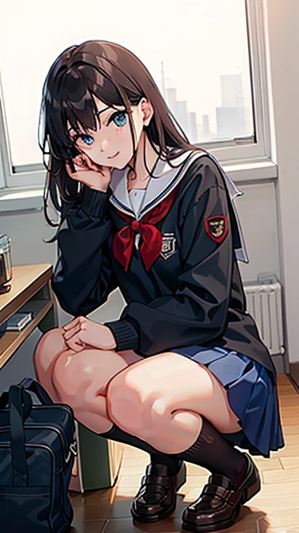(8k, highest quality, Tabletop:1.2)、超A high resolution、1 16-year-old female、Tilt your head、Detailed face、Deep and detailed、Star-shaped pupils、Happy、,blazer、Navy Skirt with Checkered Skirt、Black Hair、Twin Blade、solo、Detailed fingers、Japanese-style room、Japanese cushion、Lie down with your legs stretched out
