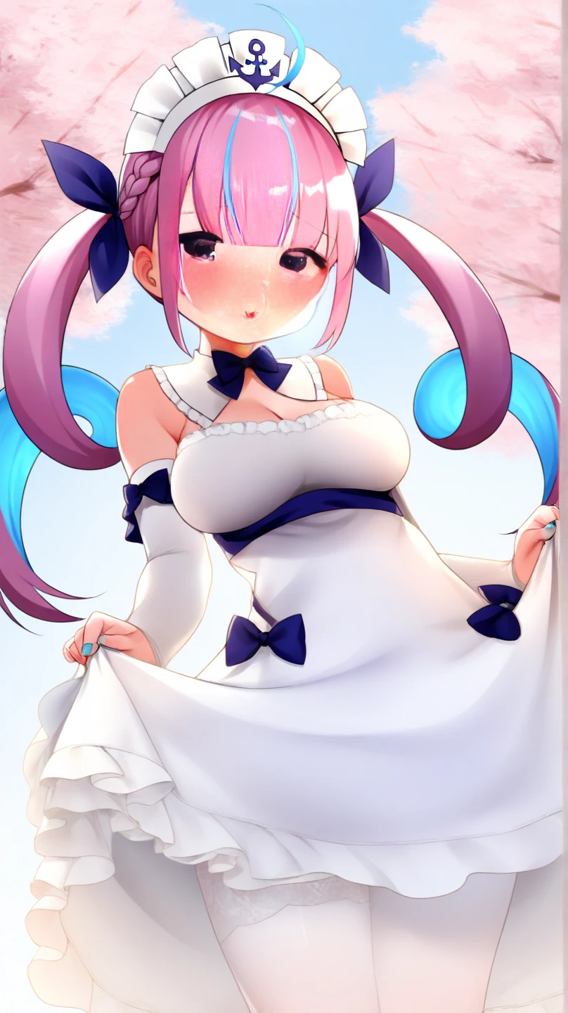 <lora:ribbondress:0.9>, 1girl, solo, masterpiece, best quality, indoors, large breasts, detached sleeves, dress, halterneck,  ribbon, arms up, armpits,