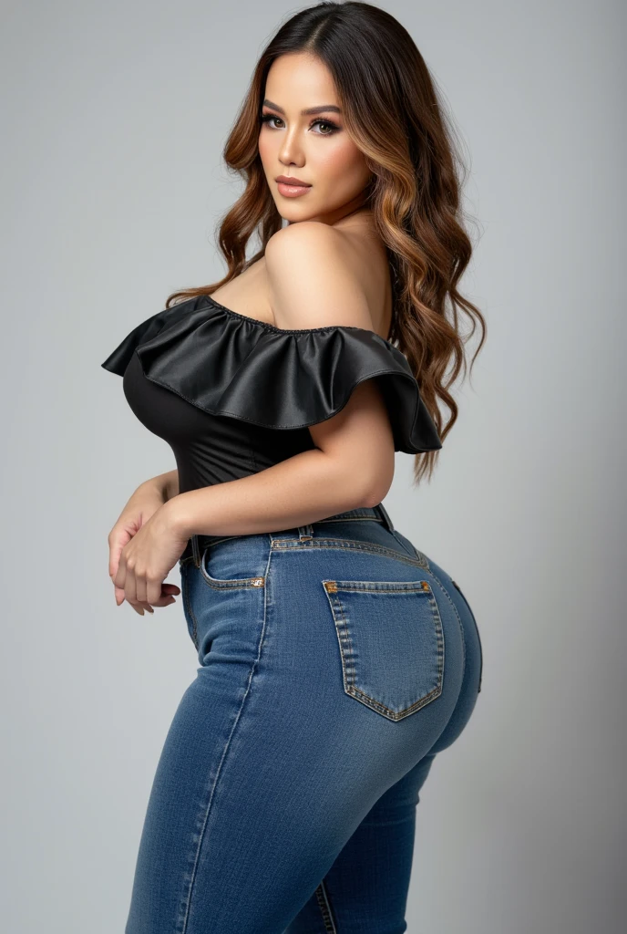 A beautiful girl in her 30s, beautiful thighs, wide hips, wearing jeans and a t-shirt, ((the jeans has a colorful and intricate design))