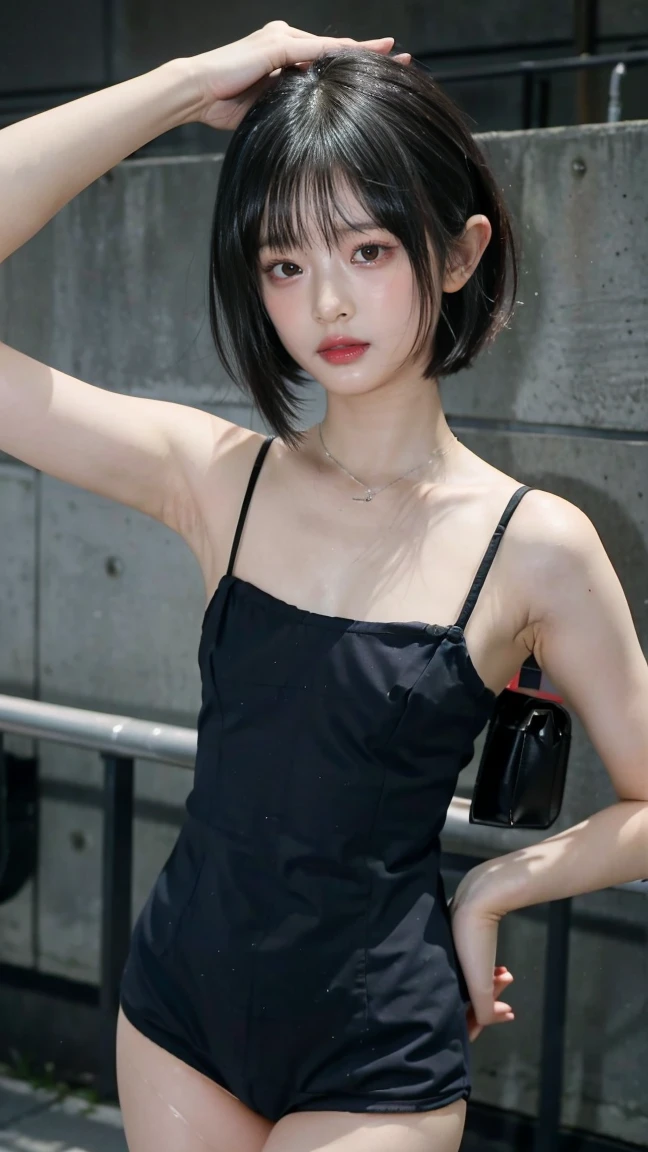 masterpiece、Flat Color、Depth of written boundary、Lens Flare 1 Girl、、Brown Hair、Staring at the audience internal Black suspenders Ample breasts Armpit sweat sweating Sides of both hands wall: Black trousers, sight Small face bangs over eyes Aside Cutter Shirt