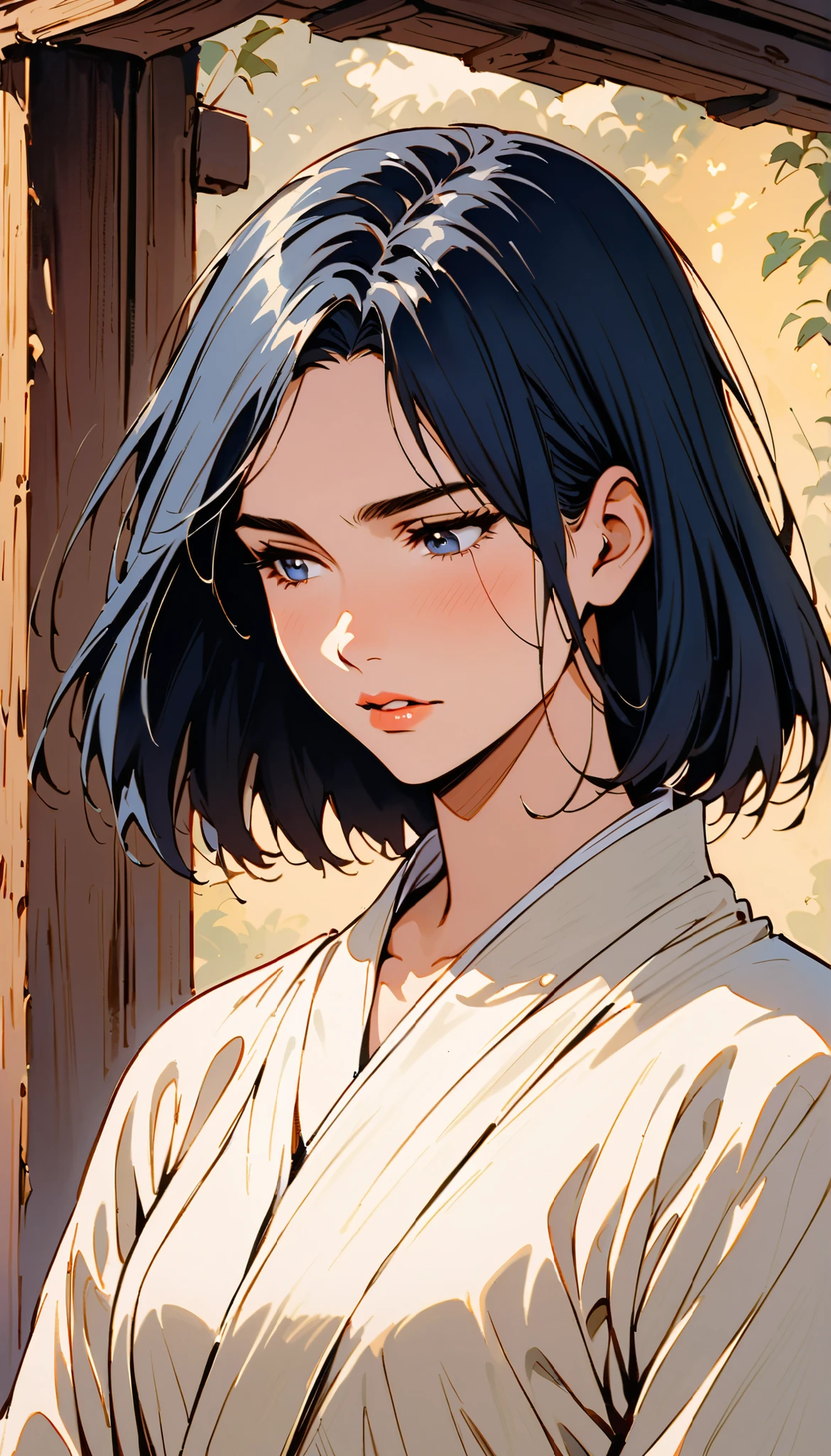 vintage movie, girl, short hair, navy hair, straight hair, woman body, white kimono,, hyuga clan, shinobi village, konohagakure, (((perfect lips))), perfect hair, looking down, shy, melancholic, ((young)), ((19 years old))
