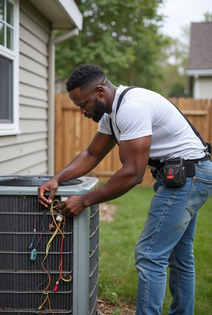 The Struggle An unexperinced  black who is not a technician  clearly frustrated yet determined trying to install an evaporator on his palour wall , muttering under his breath.  Sweat beaded on his forehead, working on a partially installed AC unit. It was clear this battle between man and machine wasn't going as planned as things were falling apart