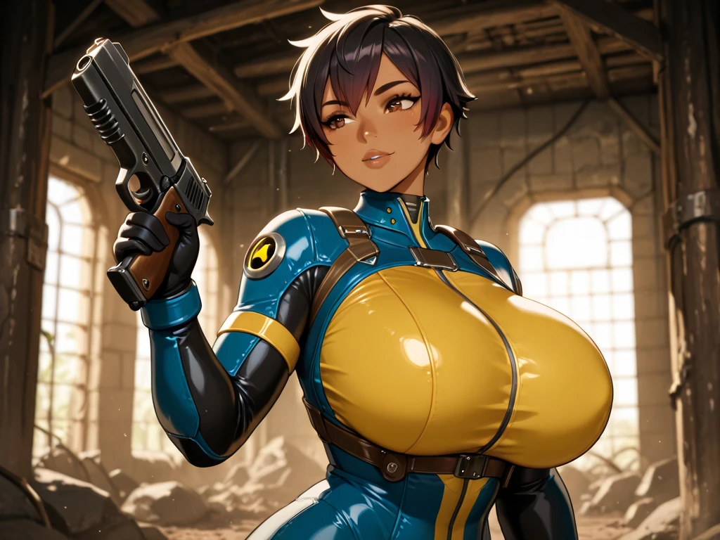 rich woman, short black hair, silver and golden cyber suit, big breasts, silver and golden cyber helmet, gold earrings, gold cross necklace, tall, short black hair, holding a huge cyber rifle in her hands, shadow details, light details, behind the city that is about to be destroyed, 8K Image quality, background details