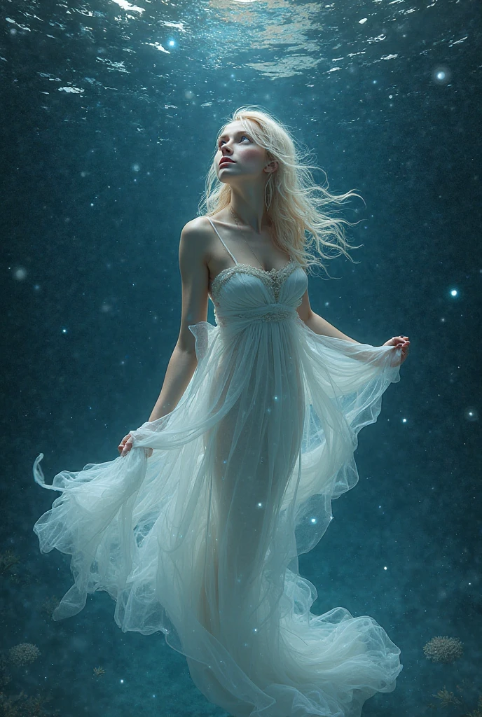 masterpiece, a beautiful goddess of the void, full body transparent white clothing standing under empty night stars, transparent disappearing pants, standing full body, tall figure, thin legs, Facial details, detailed details of body parts, 8K Wallpaper