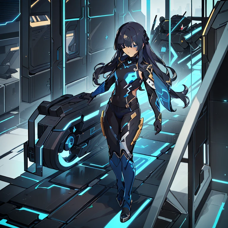 (((concept Art))), (((Flat Chest))), Female, (((Dark Skin)))), Black Hair with Ponytail, Light Blue Eyes, ((Black Metallic Gauntlets and Greaves with Orange and Silver Highlights)), (((Orange Coat with White Padding on the Hood)))), Mostly Black Color, but having Orange Parts, Shoulders on Display, On the Hip a Black Shorts