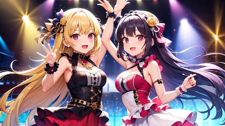 (best quality,8k,high-res,masterpiece),ultra-detailed,(realistic,photorealistic,photo-realistic),idols in cute outfits,creative posing,expressive faces,girly fashion style,colorful background,professional lighting,fun and energetic atmosphere,stylish accessories,vivid colors,creative concept,[cute idols],fashion photography,amazing composition,high fashion standards,beautifully styled hair,detailed make-up,exciting and dynamic poses,bright and vibrant colors,playful and happy expressions,captivating and lively atmosphere,sparkling and colorful lights,fun and creative props,adorable and fashionable clothes,fashion-forward accessories,attention-grabbing patterns and textures,confident and charismatic personalities,positive and uplifting energy,enthusiastic and vibrant ambiance,playful and charming interactions,bubbly and cheerful mood,perfect harmony between idols and outfits,stylish stage setup,eye-catching backdrops,flawless execution of poses and expressions,celebration of youth and beauty,joyful and lively atmosphere,memorable and captivating moments,exciting and energetic vibe,unique and eye-catching outfits,bright and cheerful color palette,high attention to detail,impeccable fashion coordination,energetic and dynamic movements,endless creativity and imagination.