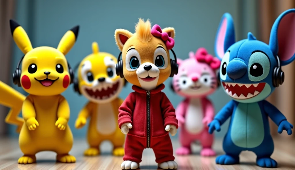 pikachu, stitch, Baby Shark, Hello Kitty are all in an idol unit singing K-Pop group sensation, all have small singer earbud and mic in their ears, all are dancing doing the same move, they are all together to film the music video to their hit song "Don't toy with me!" for Korean TV 