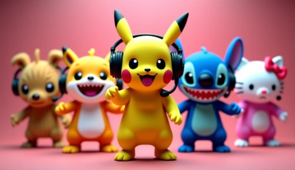 pikachu, stitch, Baby Shark, Hello Kitty are all in an idol unit singing K-Pop group sensation, all have small singer earbud and mic in their ears, all are dancing doing the same move, they are all together to film the music video to their hit song "Don't toy with me!" for Korean TV 