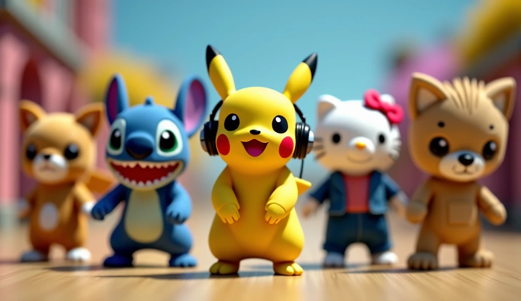 pikachu, stitch, Baby Shark, Hello Kitty are all in an idol unit singing K-Pop group sensation, all have small singer earbud and mic in their ears, all are dancing doing the same move, they are all together to film the music video to their hit song "Don't toy with me!" for Korean TV 