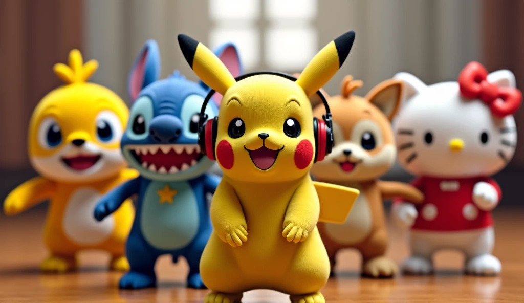 pikachu, stitch, Baby Shark, Hello Kitty are all in an idol unit singing K-Pop group sensation, all have small singer earbud and mic in their ears, all are dancing doing the same move, they are all together to film the music video to their hit song "Don't toy with me!" for Korean TV 