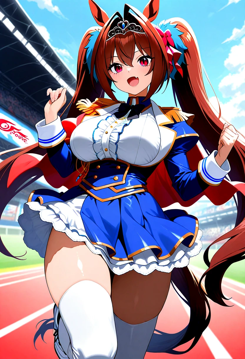 (masterpiece),(best quality),(high resolution), (majestic aesthetic),(ultra-detailed),(Intricate),(anime picture),(marvellous illustration),(Sharp),(high detailed),(optimal lightning), (4k), (extremely detailed) BREAK 1girl, daiwa scarlet \(umamusume\), umamusume,horse ears, long hair, twintails, tiara, horse tail, very long hair, brown hair, epaulettes, garter straps, long sleeves, fang, red eyes, bowtie, bangs, puffy sleeves, ((blue jacket:1.3)), white thighhighs, center frills, white shirt, hair between eyes BREAK white skirt, blue skirt, hair bow,(brown horse tail:1.3), hair bow, red bow, animal ears, bangs, (((twintails:1.3))), (red hair),antenna hair, red pupil, red eyes, eyebrows hidden by hair, hair between eyes, hair ribbon, horse ears, horse girl, horse tail, long hair, tail through clothes,garter straps BREAK 1 girl, (large breasts:1.2),(tall stature), smile, standing, hand on hip, (reaching out, index finger raised), open legs, bust up, horse racing track,zettai ryouiki