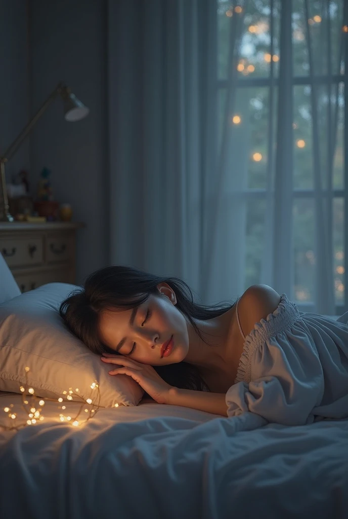 Imagine um suave, comforting illustration of a cute girl was sleeping in a comfortable bed, eyes locked, blue T-shirt. Long flowing hair. dark bedroom, except for the soft light emanating from a bedside lamp near the bed, That casts a warm glow on your peaceful face. Through the half-open window, The starry night stretches, fullmoon, creating a magical contrast between the peaceful interior and the mysterious outside world. Light curtains move slightly in the night breeze, adding a touch of movement to this tranquil scene.