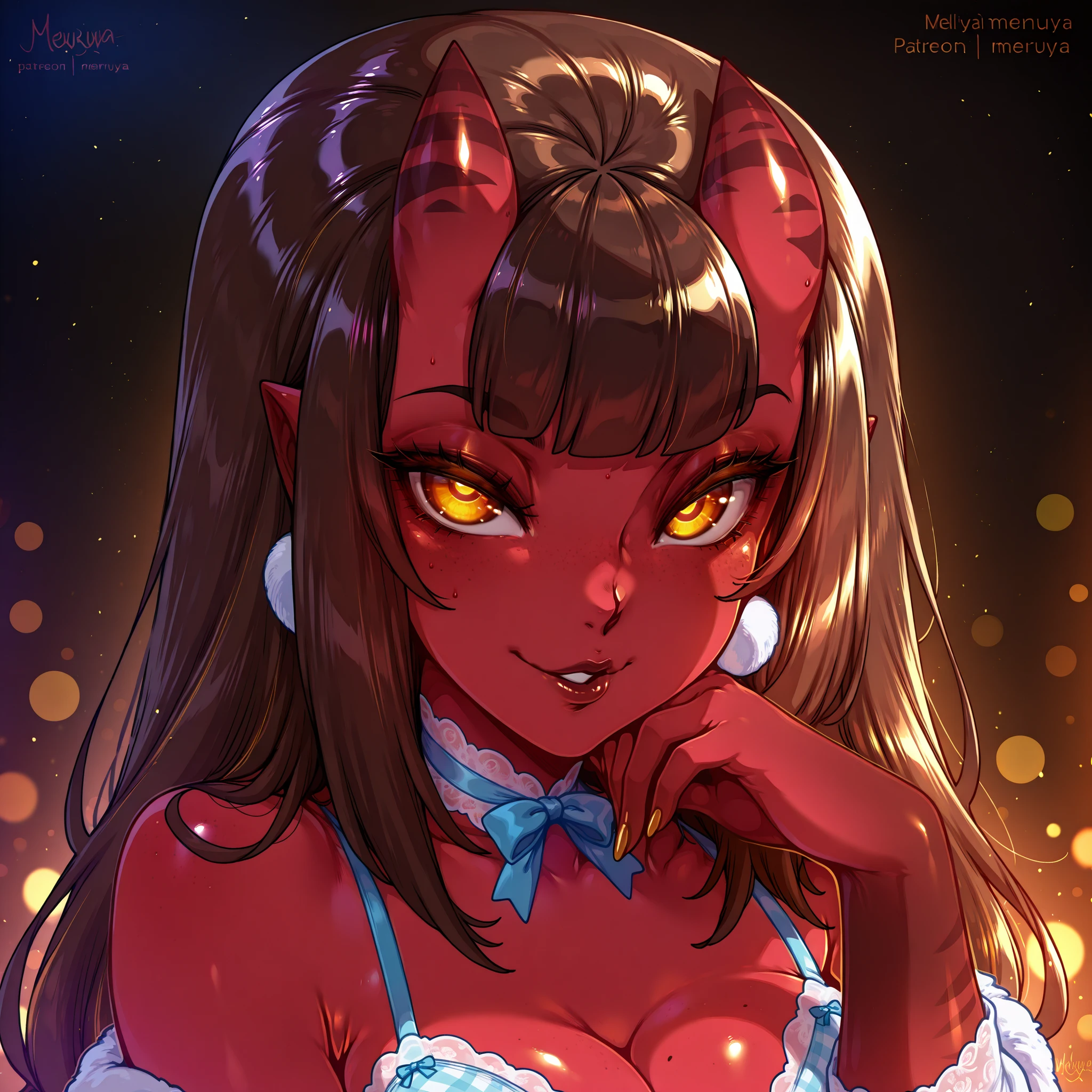 made by melkor mancin, 1girl, Meruccubus artist by Merunyaa, red skin, brown hair, 2 demon horns, cinematic lighting, night in brilliant SHOW with hot colors, vibrant
portrait photo, just shoulders and face.  face. perfect details and ultra detailed shadows and lighting. perfect eyes, perfect pupils, ((NO PEOPLE IN BACKGROUND)), (SUPER SENSUAL AND  AND ), 
