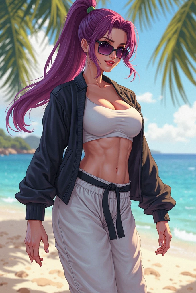 detailed face, beautiful face, (detailed eyes, deep eyes), (1girl:1.33, solo), full body shot,  jessie\(pokemon\), very long hair, red hair, hair slicked back, (cyan eyes), earrings, grin, team rocket, cleavage, (white open crop-top jacket:1.2), (black cropped tank top:1.4), (white sweatpants:1.4), midriff, navel, micromini sd15, (realistic:1.4), super sexy, off one shoulder, (gradient sunglasses:1.2), white sneakers,
((best quality:1.2)), ((highly detailed:1.2)), (masterpiece:1.2), ((official art)),
<lora:jessie:0.7>,