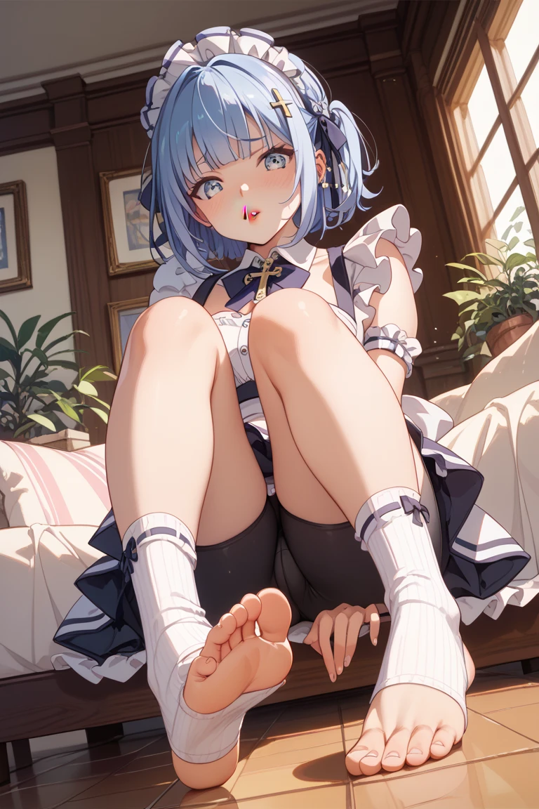Open shirt、Black tights、sole、Stuffy soles、5 toes、thights、blushful、light-blue hair、shorth hair、Blue Eye、Remu(re:Zero)