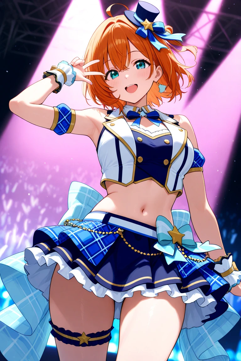 (Low - Angle), (masterpiece, Highest quality, High resolution), score_9, score_8_superior, score_7_superior, score_6_superior, sauce_anime, One person, Honoka Kousaka, We are in the present, lovelive!, score_9, score_8_superior, score_7_superior, score_6_superior, sauce_anime, blue eyes, Orange Hair, Medium chest, Side Ponytail, Medium Hair, Idol, Dancing energetically,Hands outstretched, Outdoor, μsIdolドレス, loveliveのIdolドレス, Bright Stage, Illumination from below, 赤いスーツのIdolコスチューム, White panties, Frilled Panties, Panty shot, alone, A big flip-up dress, Pleated skirt, smile