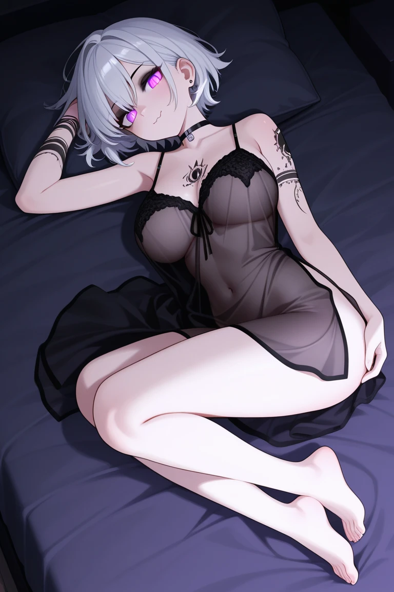 ,Highest quality,Silver Hair,Lion tail,Lion ears,Purple Eyes,Very short hair,Straight Hair,Flat breasts,Slanted Eyes,Bodysuits,Bedroom,On the bed,slender,