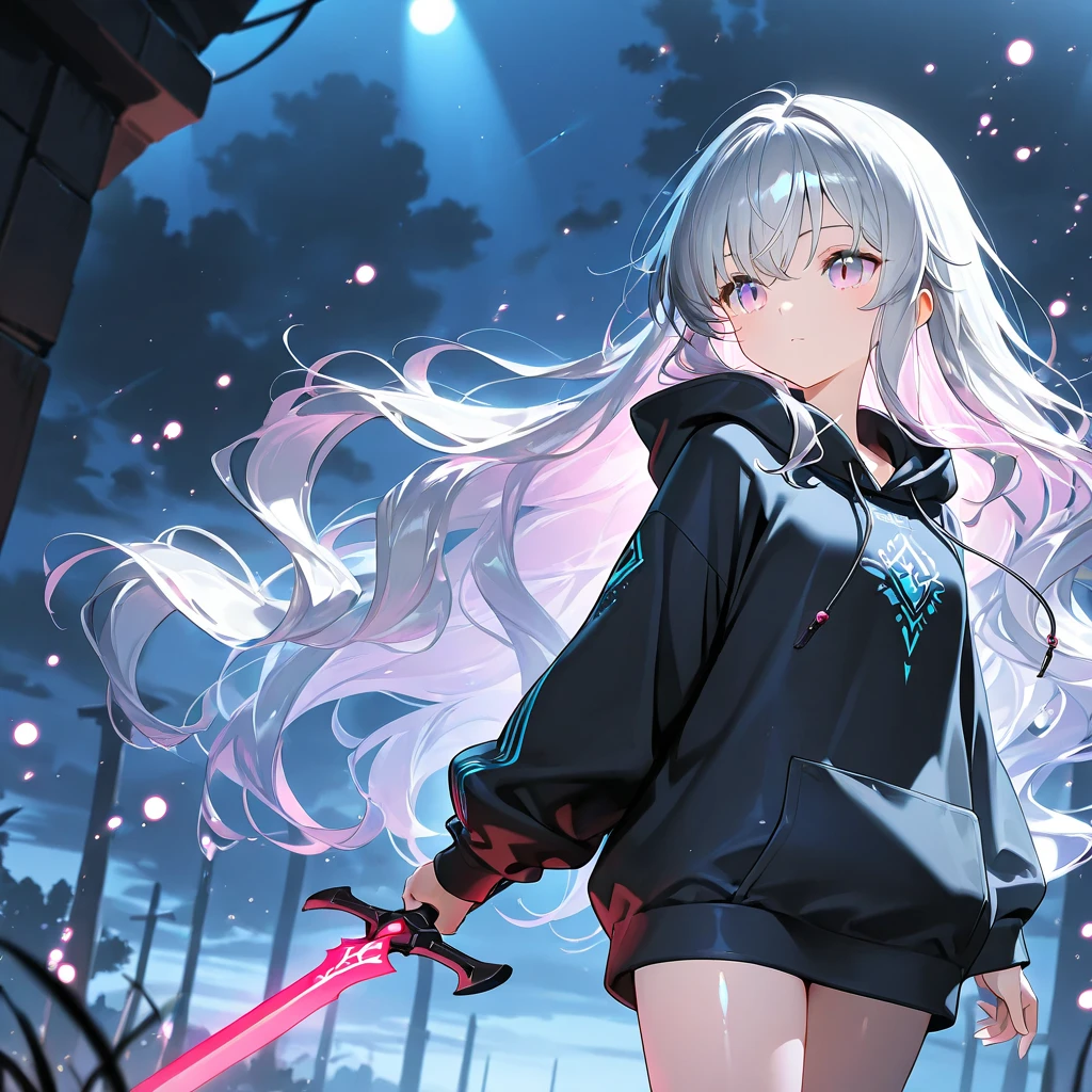 1 girl、Mature、Ample breasts、Long Hair、White Hair、Wear a robe、Put on the hood、Belly button、Miniskirt、garter、Gemstone Necklace、Lightsaber on belt、Lace-up boots、garter、Deep in the forest、mysterious、Foggy、Rocky area、blue flower、monastery、High resolution、Highest quality