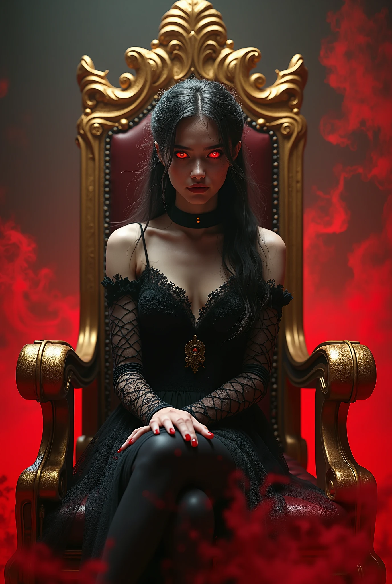 RAW Photos,black light, hair blonde, blonder woman, dark surroundings, Dark masterpiece, mulher fair brown-skinned, SITTING ON A THRONE, throne with thorns, black roses, woman in black dress, posing photo, long hair, hair blonde, black witchcraft, red geometric shiny background, full body size, Eastern fantasy theme, Eyes red, underworld, cold stare, Dark clothes, long and tight, fair brown-skinned, color classification, dark illustration, extreme quality, Radiant, extremely detaild, Face ultra detailed, ultra hd 8k, ultradigitality, mythical, black lightning, Conceital Art Portrait of Greg Rutkowski, artgerm, hyperdetailed, intricately detailed Gothic art, dark gothic fantasy style, triadic colors, Fantastic, intricate-detail, opening screen, colors complementary, fantasy concept art, 8K resolution, masterpiece of gothic deviantart, Heavy strokes, soft lighting, Surrealism
