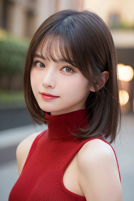 Highest quality. Tabletop, 8k, Best image quality, Award-winning works, One Girl, , Perfect V-neck long knit red sweater, Waist up upper body shot, (Look forward), Red eyeshadow, Perfect Makeup, Long eyelashes, Ultra HD Shining Eyes, Ultra HD Hair, Ultra-high resolution glossy lips, , Ultra HD cute face, Brown Hair, Very short straight hair, Look at me and smile, clavicle, Accurate anatomy, Face close-up, Luxury Love Hotel, The most atmospheric and warm lighting, Blurred Background